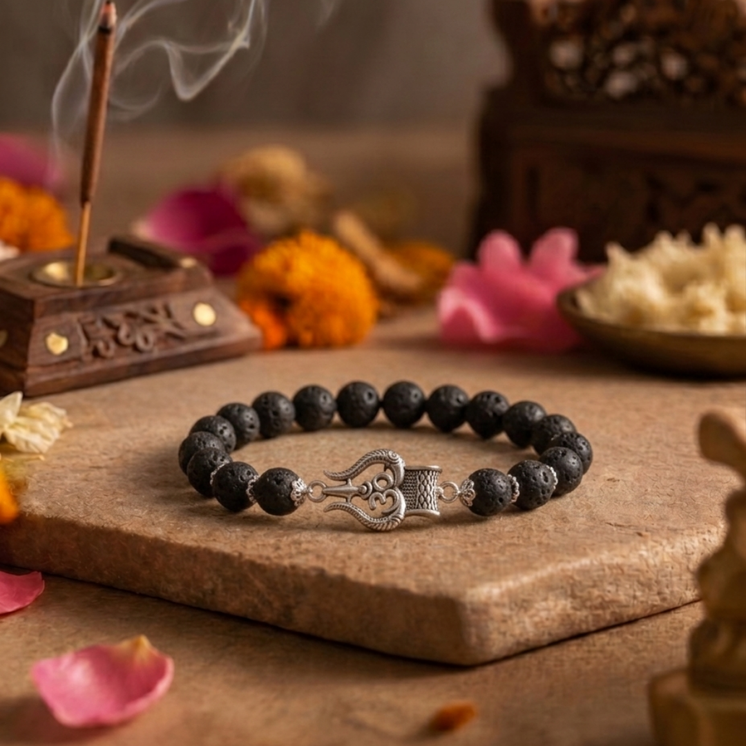 Lava & Trishul Silver Cap Bracelet