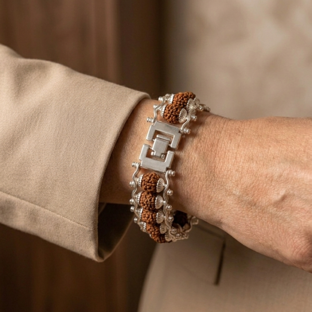 Rudraksha Silver Double Capped Bracelet