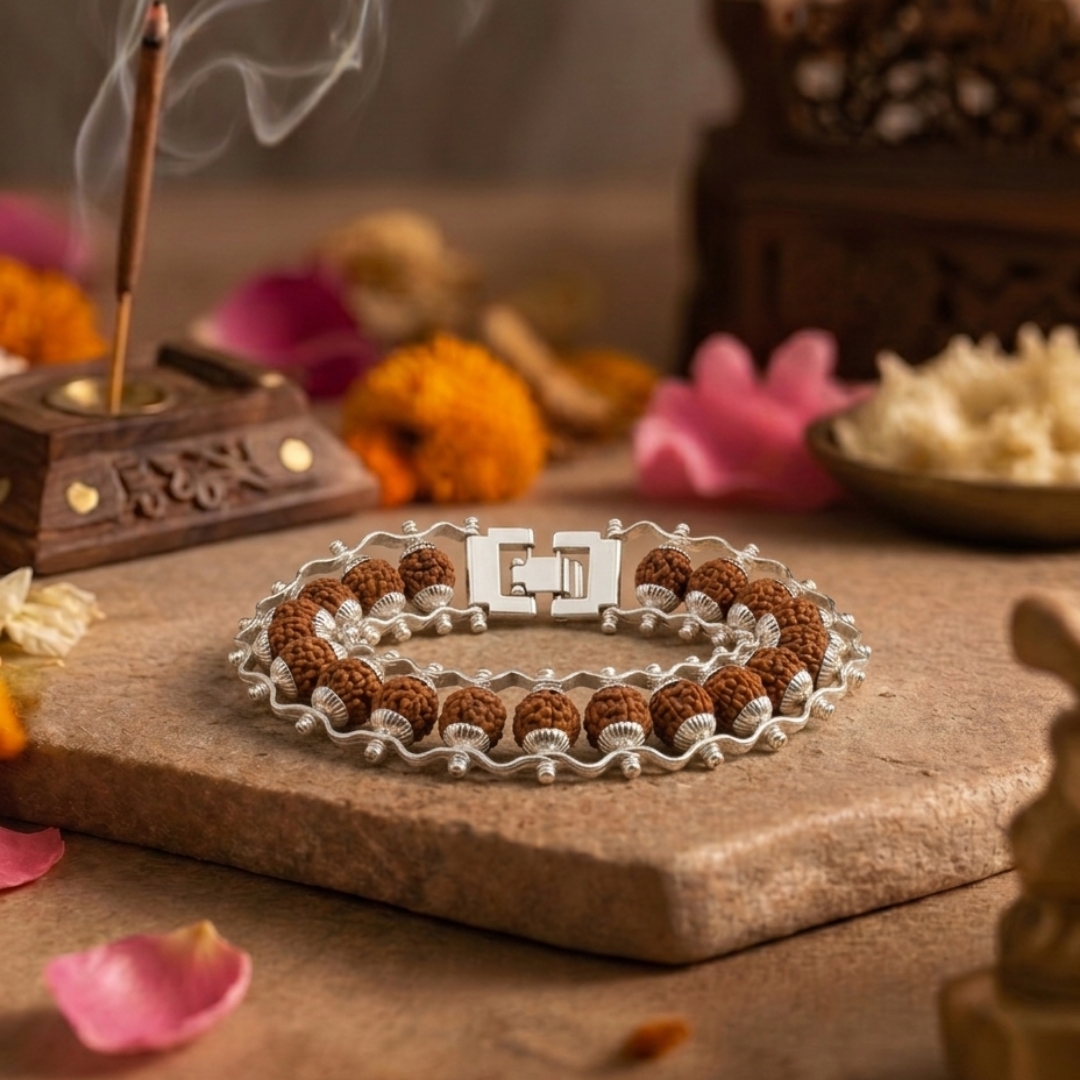 Rudraksha Silver Double Capped Bracelet