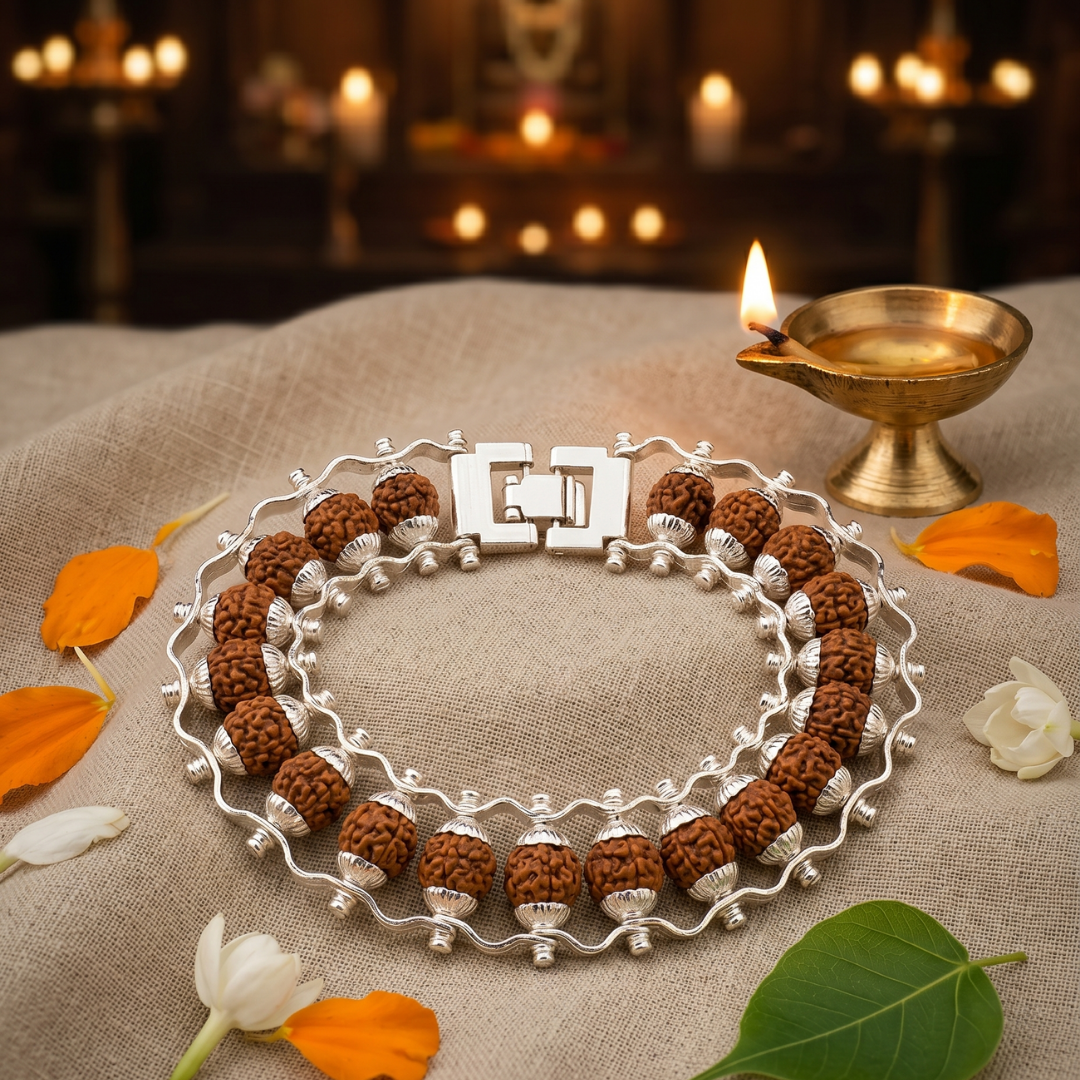 Rudraksha Silver Double Capped Bracelet