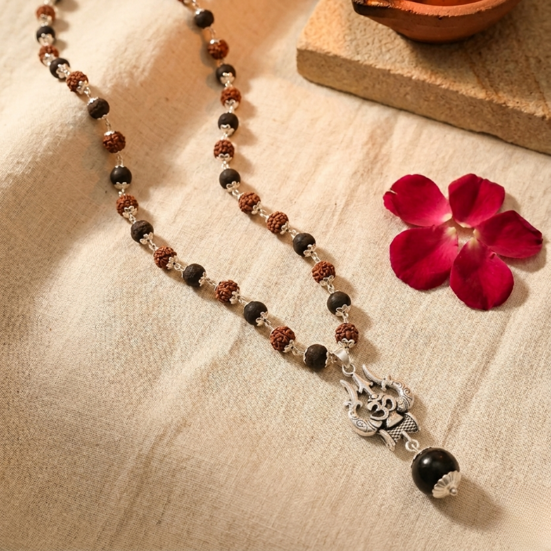 Karungali & Rudraksha Silver-Cap Mala with Trishul Pendant + Karungali Guru Bead