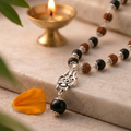 Karungali & Rudraksha Silver-Cap Mala with Trishul Pendant + Karungali Guru Bead