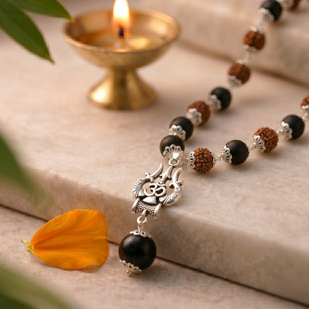 Karungali & Rudraksha Silver-Cap Mala with Trishul Pendant + Karungali Guru Bead