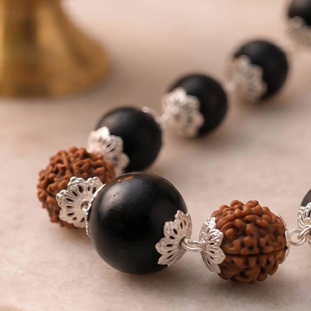 Silver Capped Karungali Malai with 6 Mukhi Rudraksha