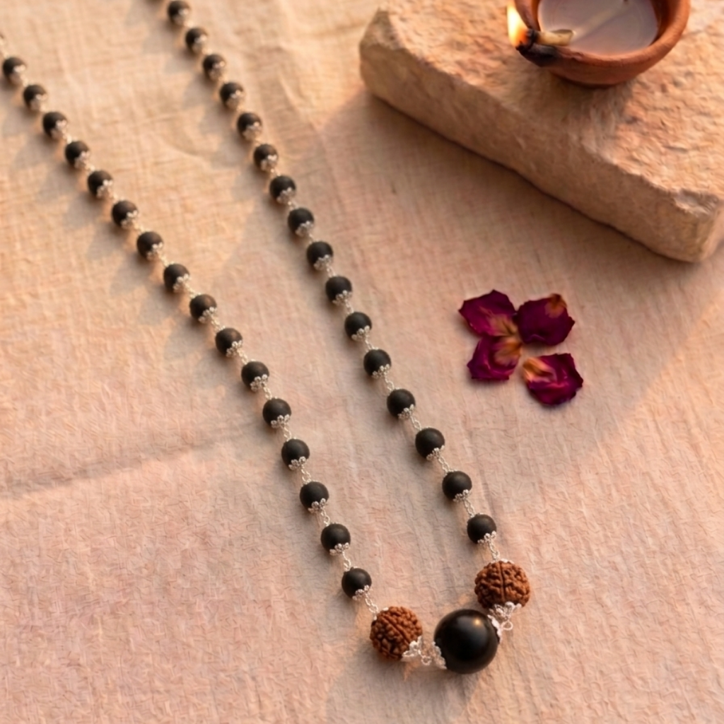 Silver Capped Karungali Malai with 6 Mukhi Rudraksha