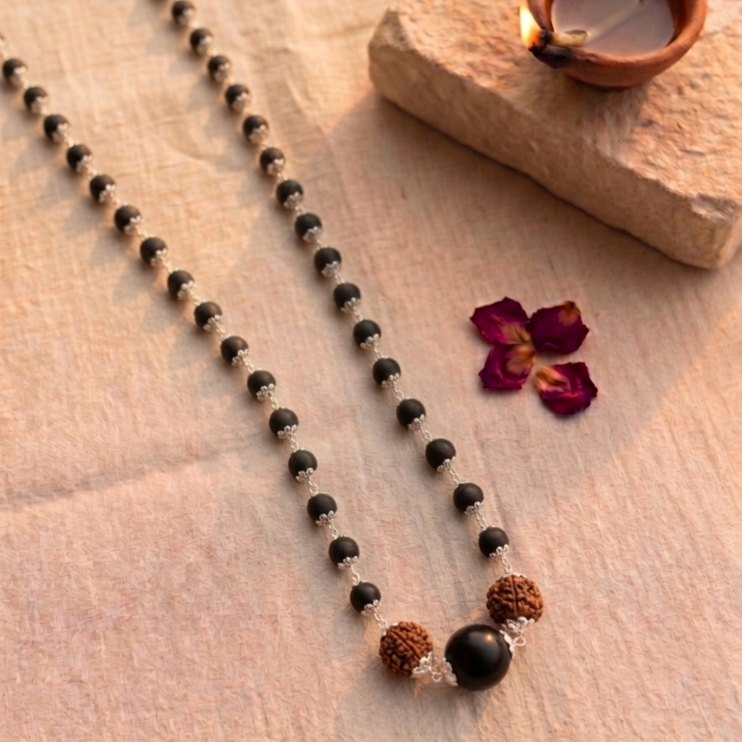 Silver Capped Karungali Malai with 6 Mukhi Rudraksha