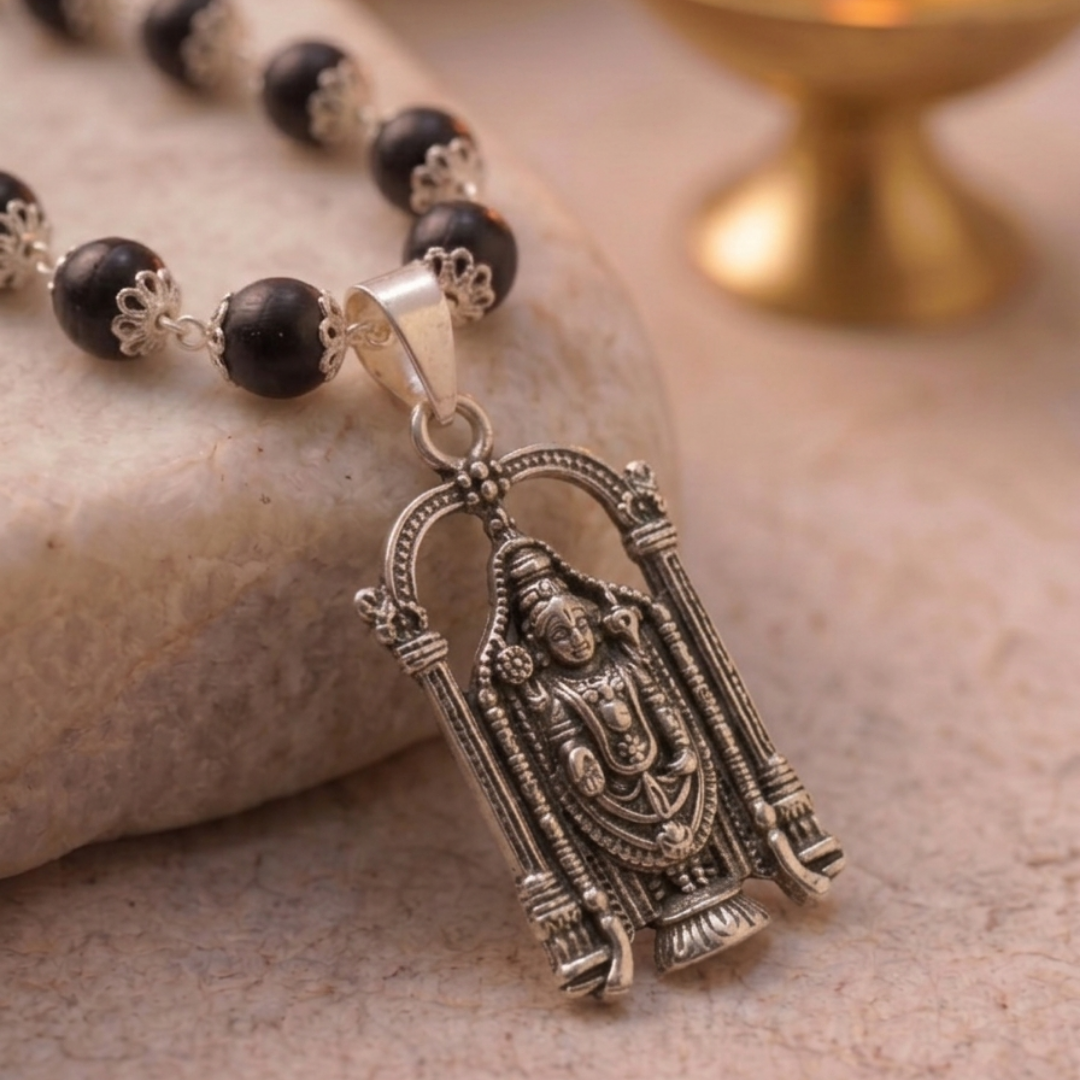 Karungali Silver Cap Mala with Balaji Pendant