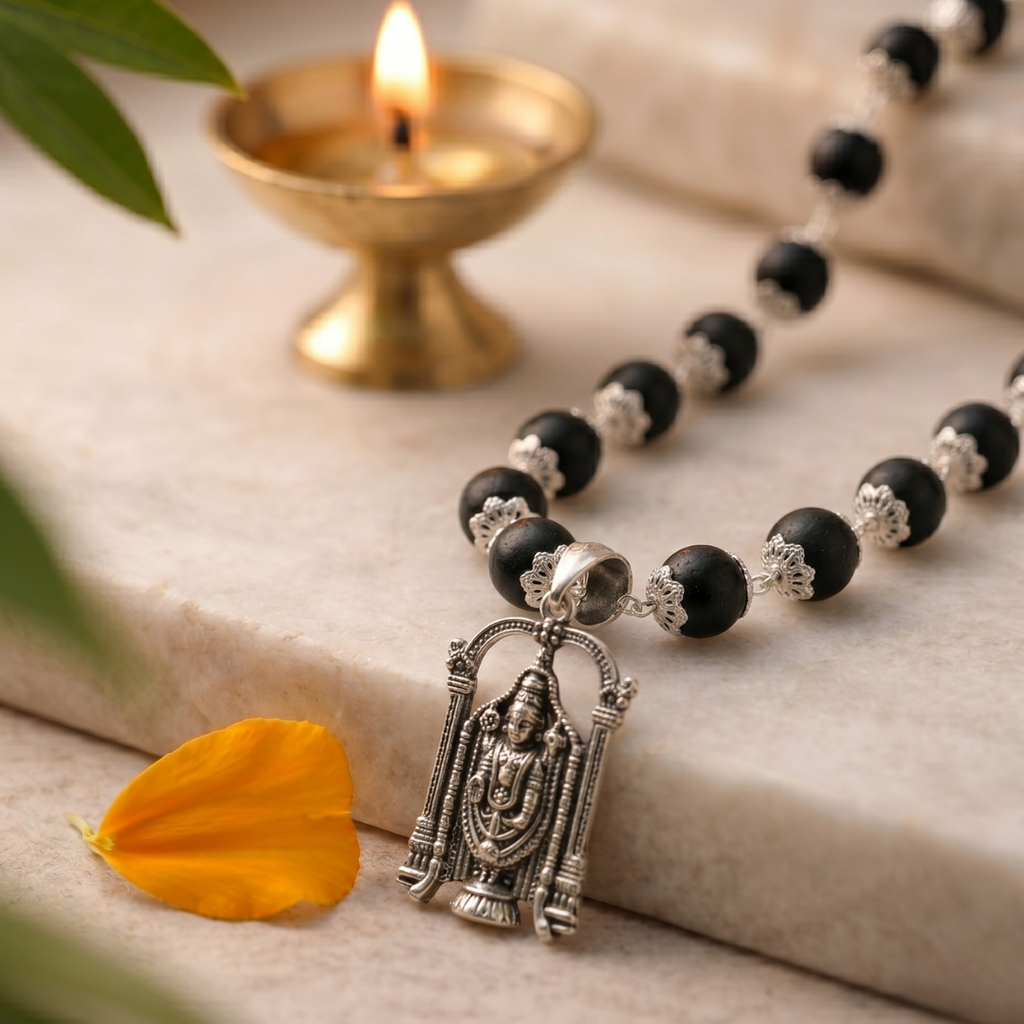 Karungali Silver Cap Mala with Balaji Pendant