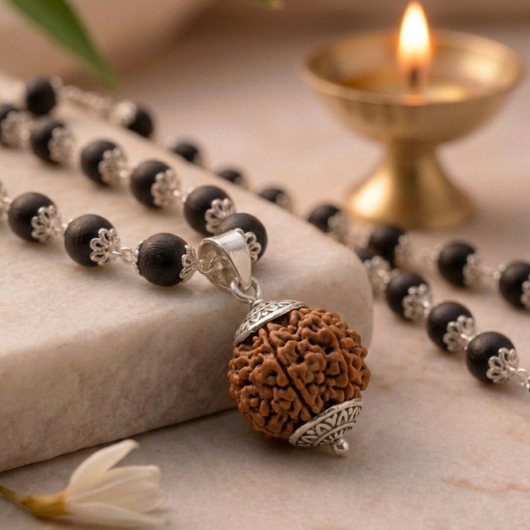 Karungali Silver-Capped Mala with Rudraksha Guru Bead