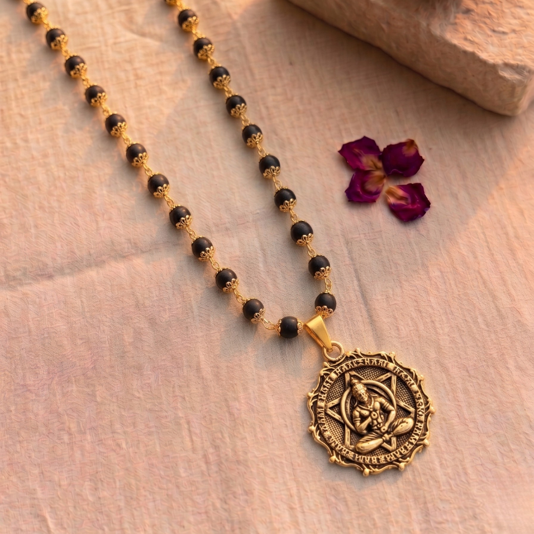 Gold Plated Karungali Necklace with Meditating Hanuman