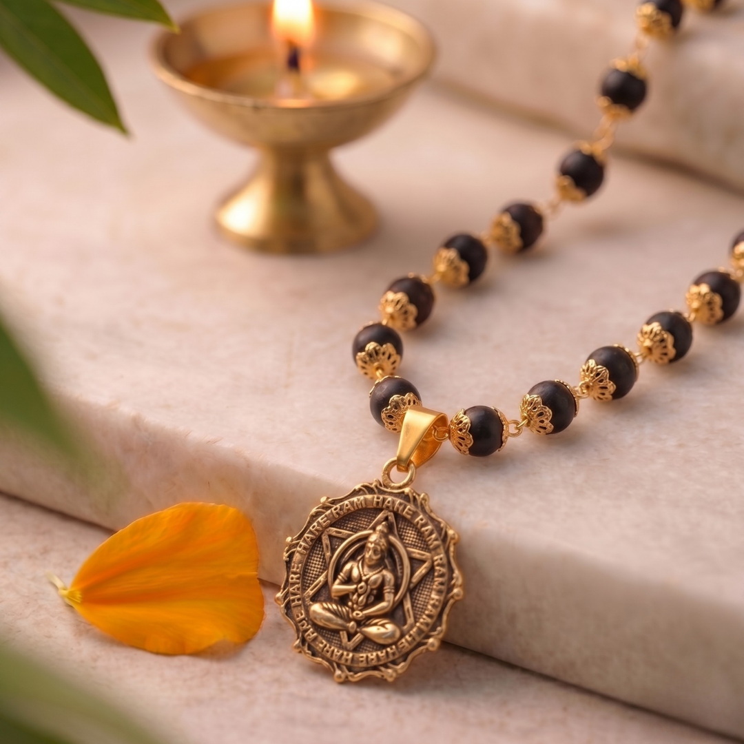 Gold Plated Karungali Necklace with Meditating Hanuman