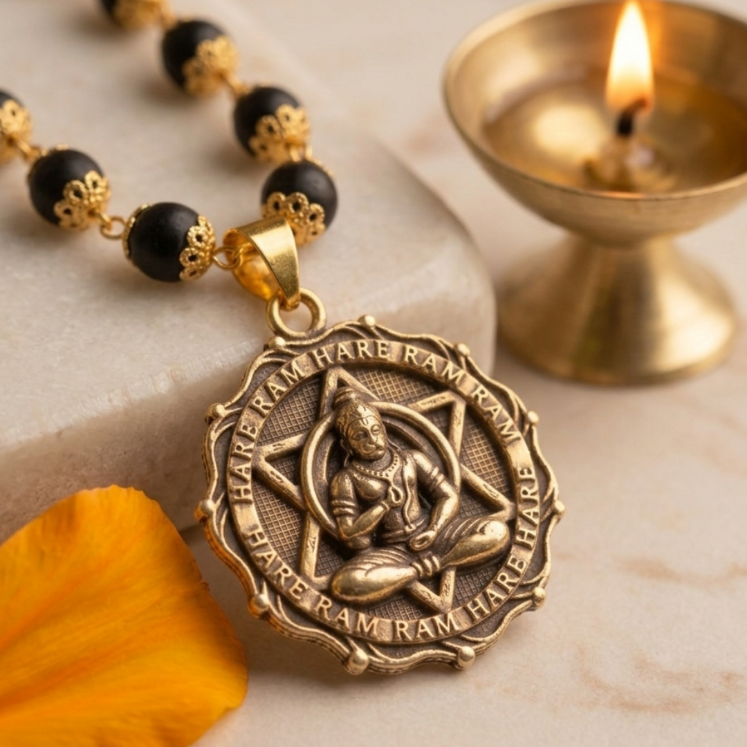 Gold Plated Karungali Necklace with Meditating Hanuman