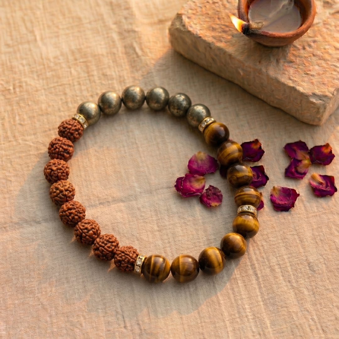 Rudraksha + Pyrite + Tiger Eye Bracelet