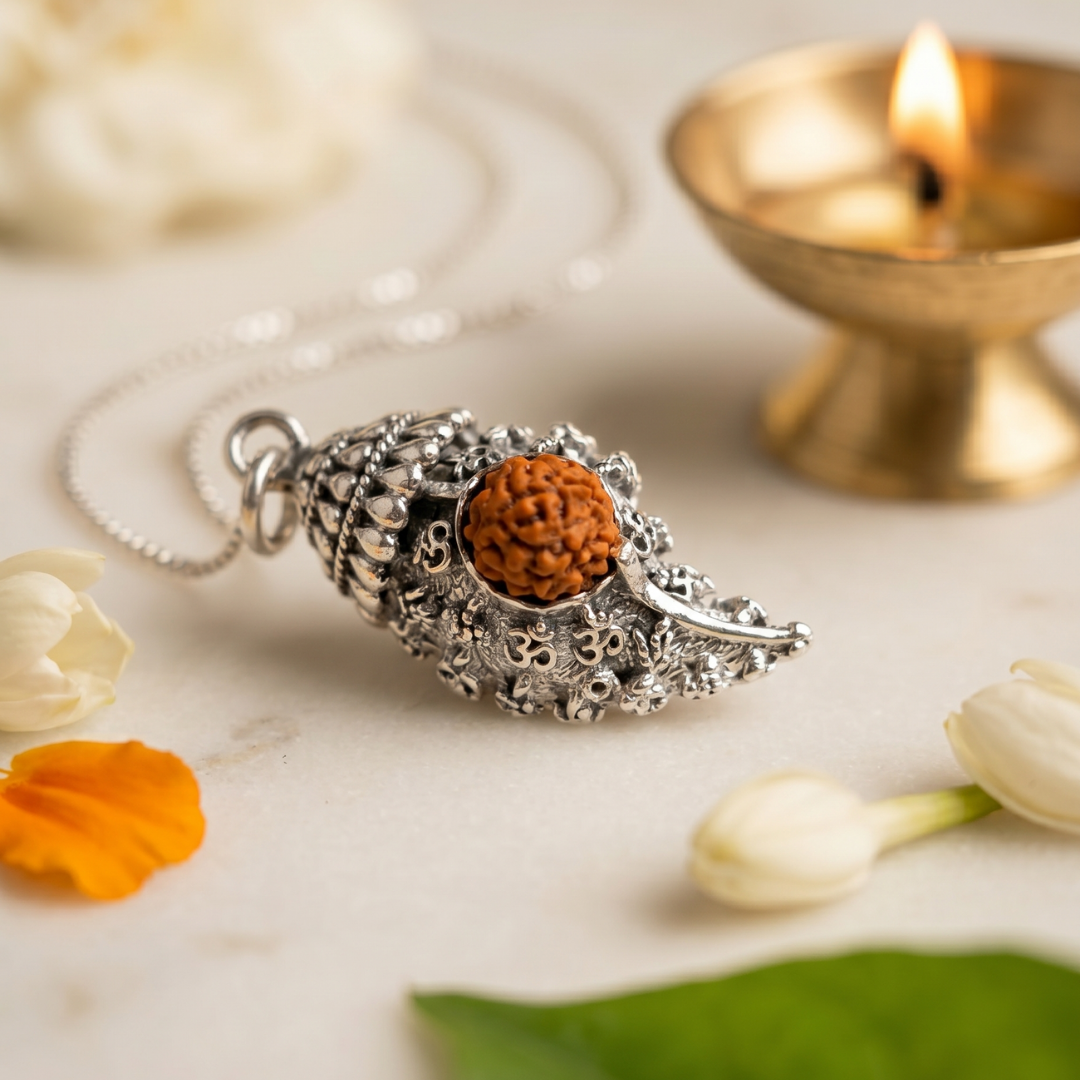 Om Engraved Silver Shankh with Rudraksha Pendant
