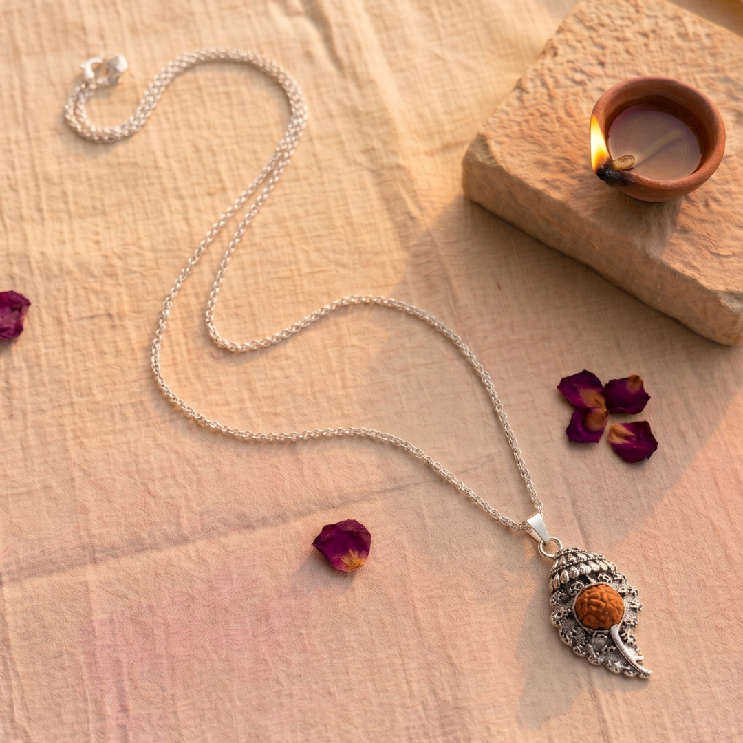 Om Engraved Silver Shankh with Rudraksha Pendant