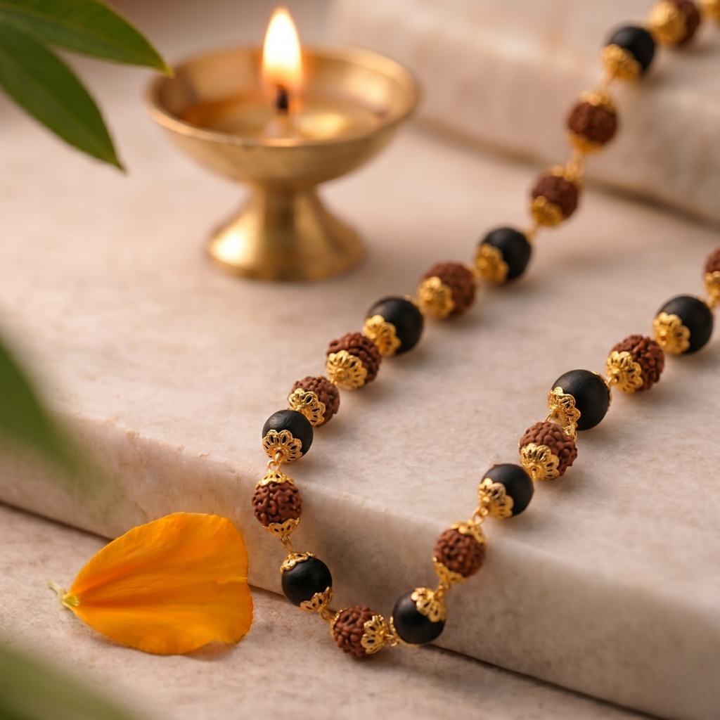 Rudraksha & Karungali Golden Cap Mala