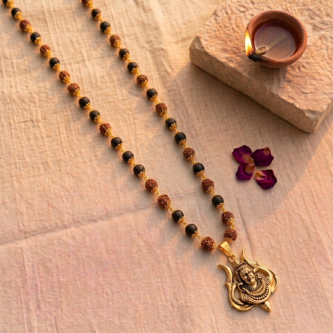 Rudraksha & Karungali Golden Cap Mala with Shiv Pendant