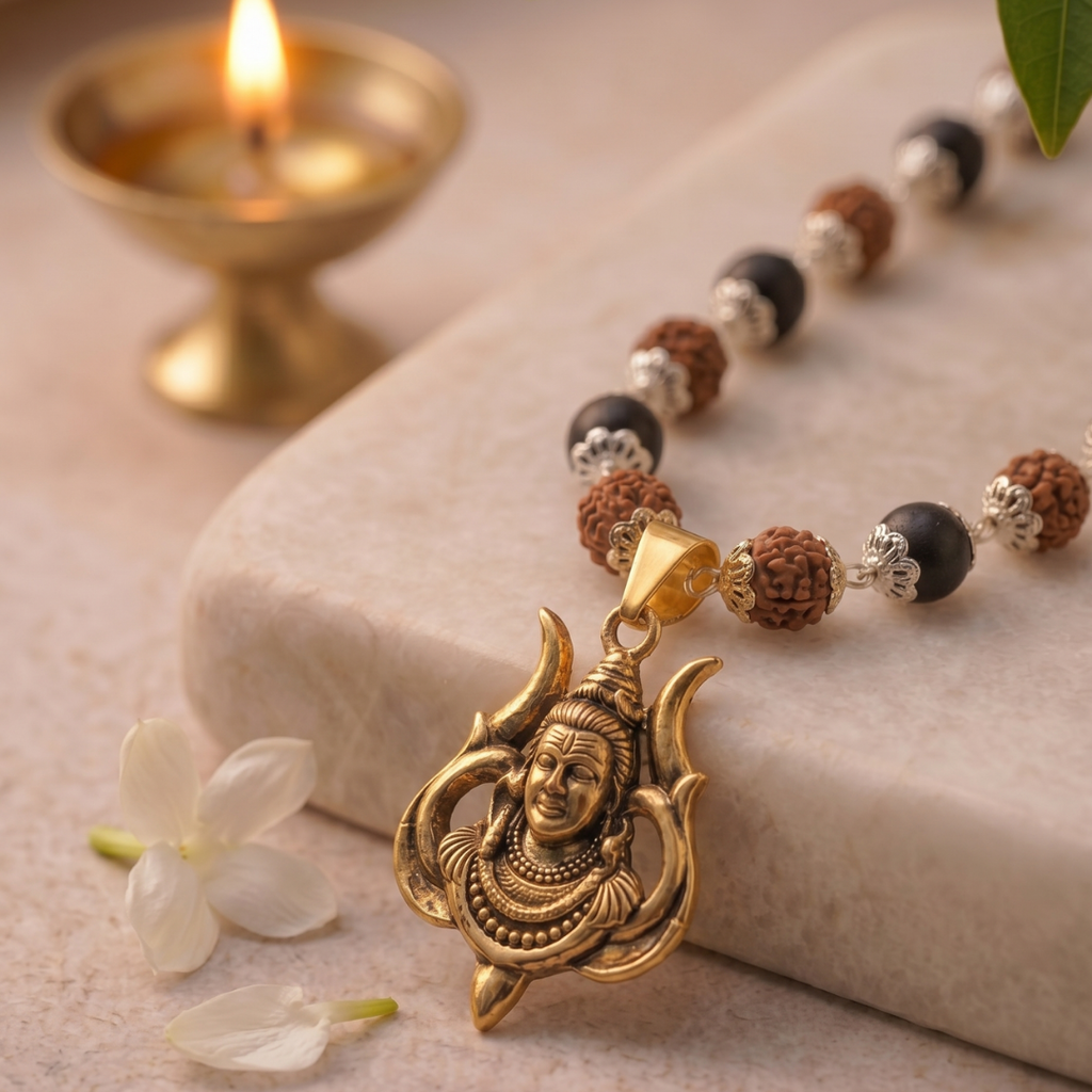 Rudraksha & Karungali Golden Cap Mala with Shiv Pendant