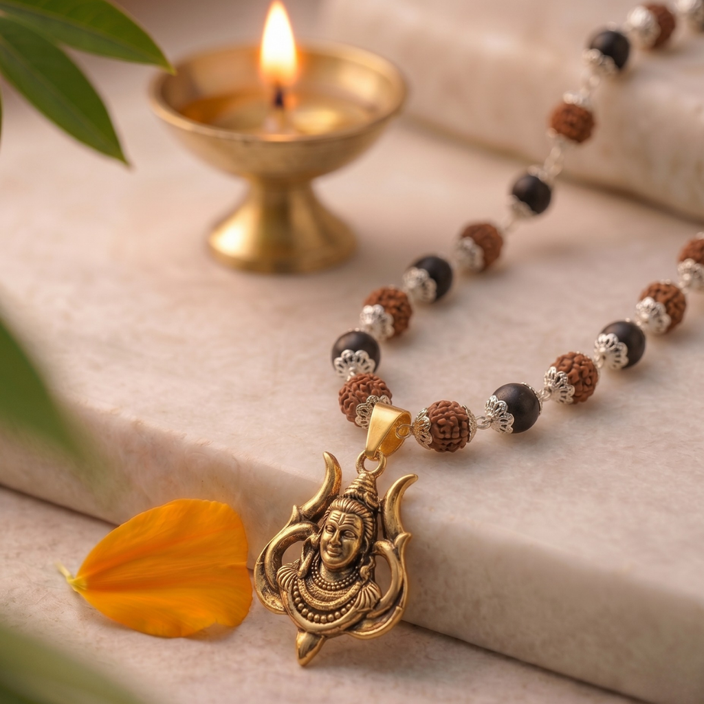 Rudraksha & Karungali Golden Cap Mala with Shiv Pendant