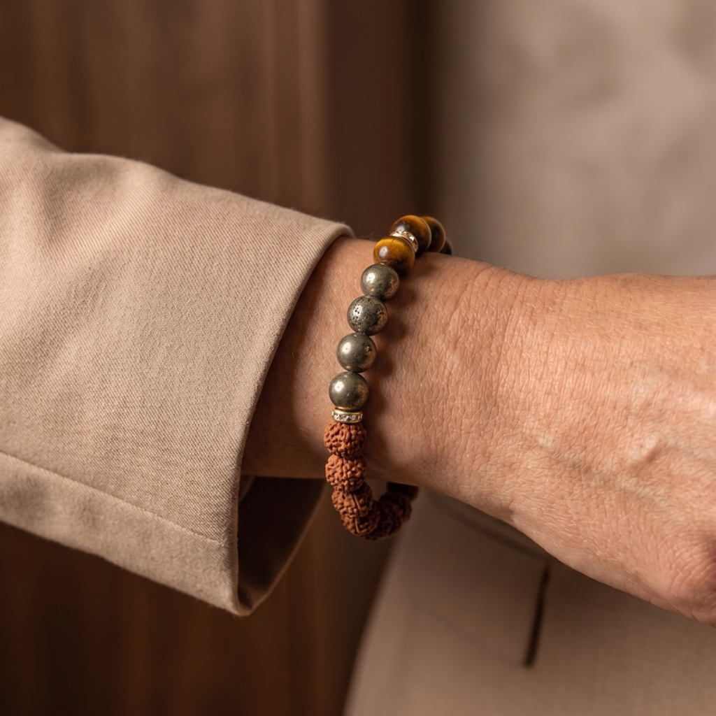 Rudraksha + Pyrite + Tiger Eye Bracelet