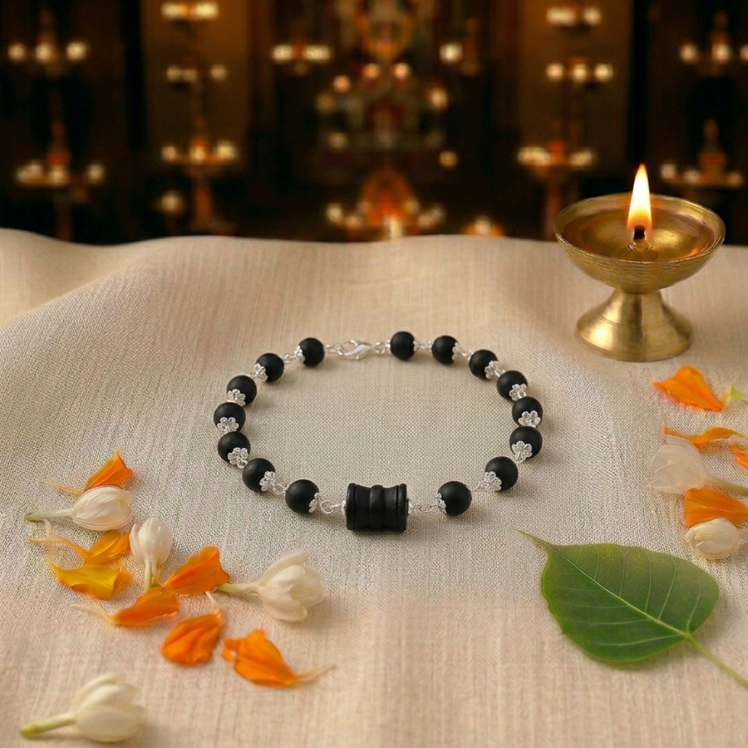 Slim Silver Cap Karungali Bracelet with Damru