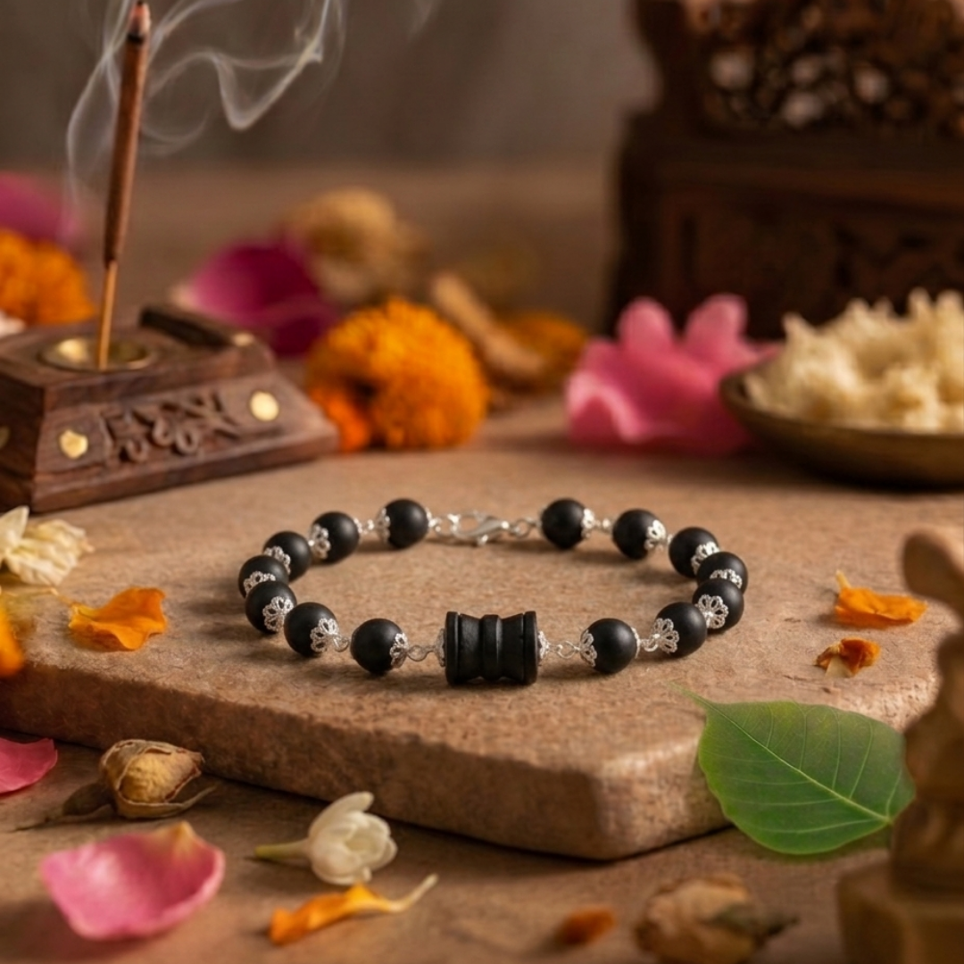 Slim Silver Cap Karungali Bracelet with Damru