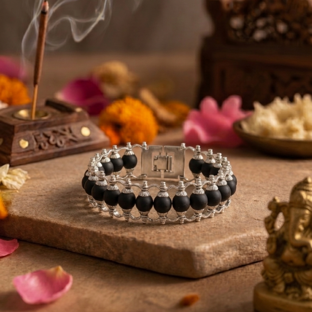 Karungali Silver Double Capped Bracelet