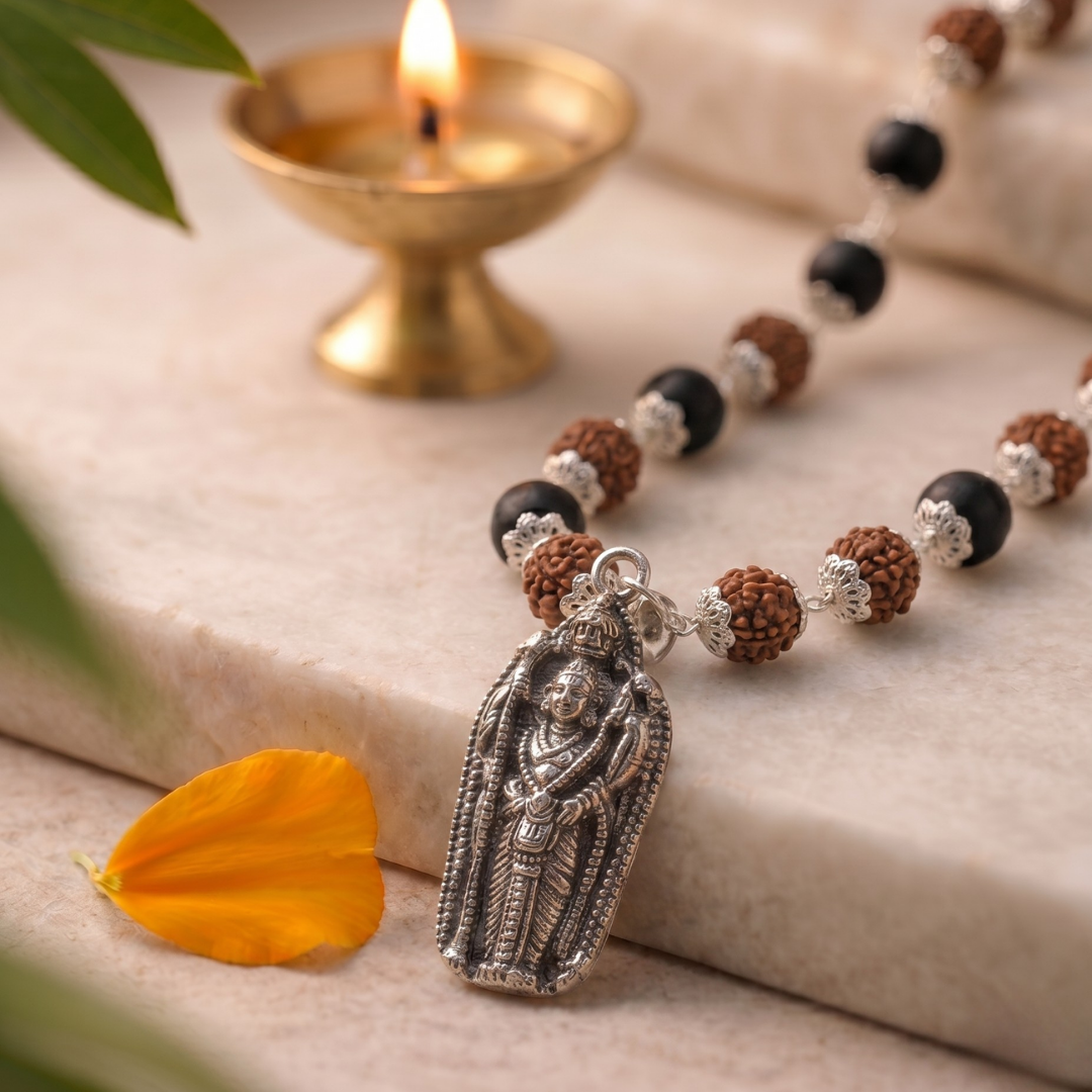 Karungali & Rudraksha Silver Capped Mala with Lord Murugan Pendant