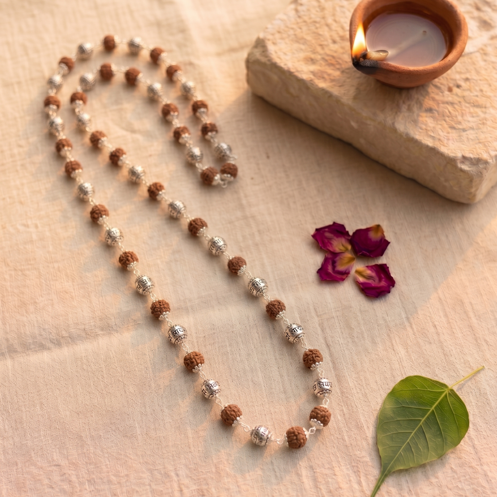 Rudraksha Mala with Silver-Plated "Om Namah Shivaya" Engraved Beads