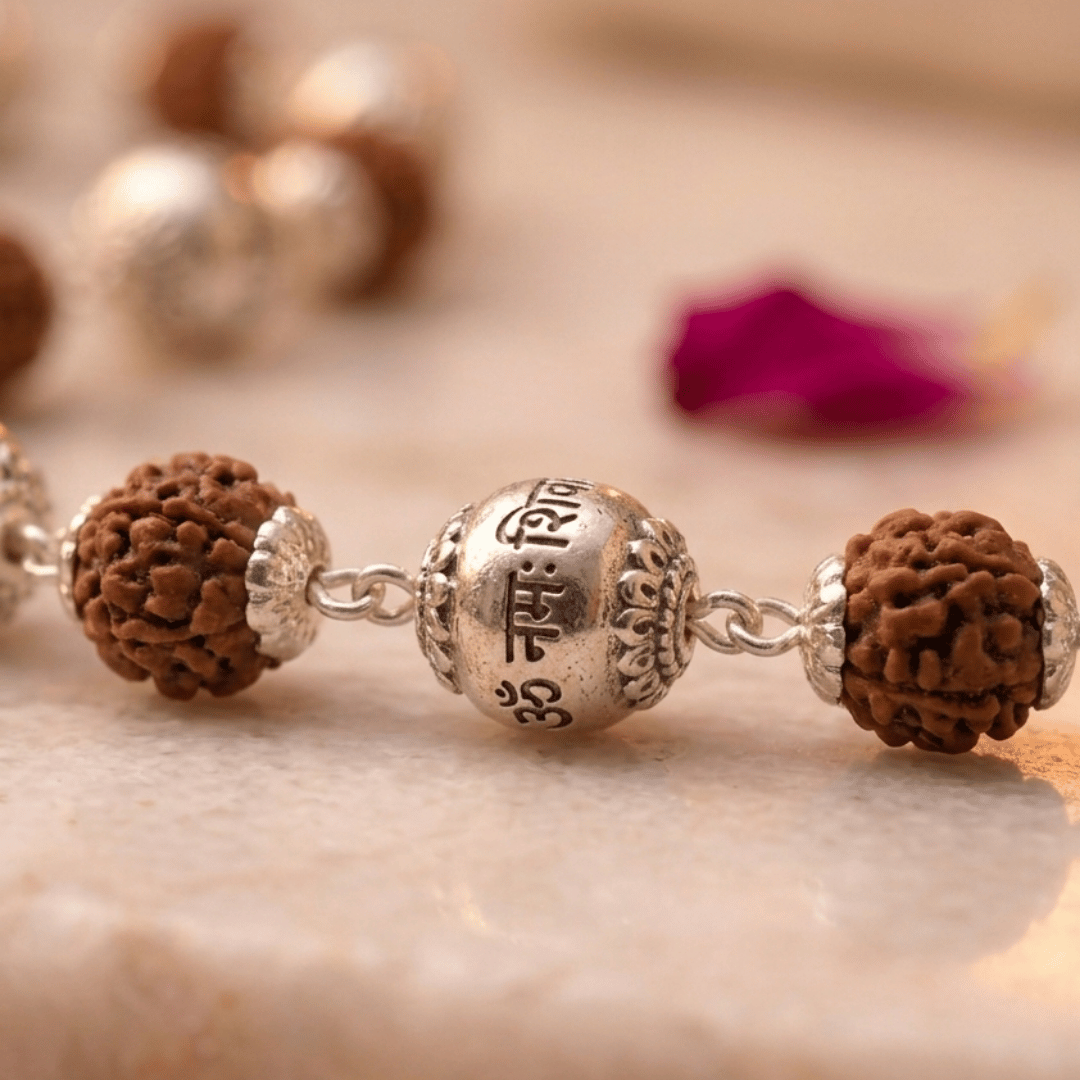 Rudraksha Mala with Silver-Plated "Om Namah Shivaya" Engraved Beads