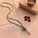 Jai Shri Ram engraved Gada necklace by Saadhak featuring a silver pendant symbolizing strength, devotion, and protection.
