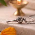 Jai Shri Ram engraved Gada necklace by Saadhak featuring a silver pendant symbolizing strength, devotion, and protection.