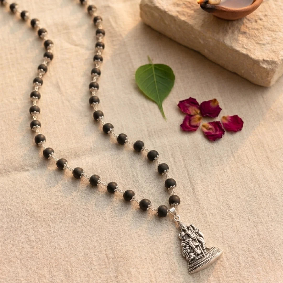 7mm Karungali Lord Murugan pendant mala by Saadhak for protection, strength, devotion, and everyday spiritual wear.