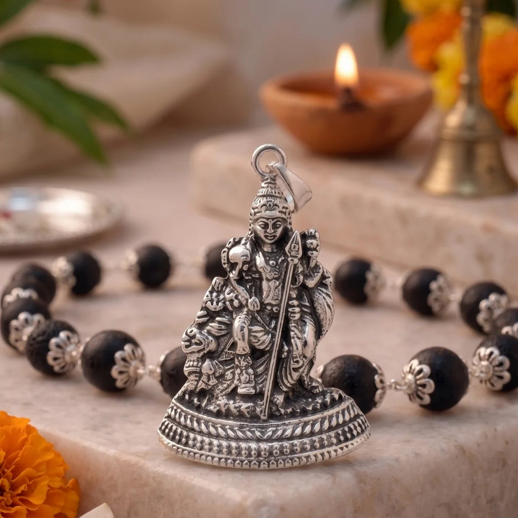 7mm Karungali Lord Murugan pendant mala by Saadhak for protection, strength, devotion, and everyday spiritual wear.