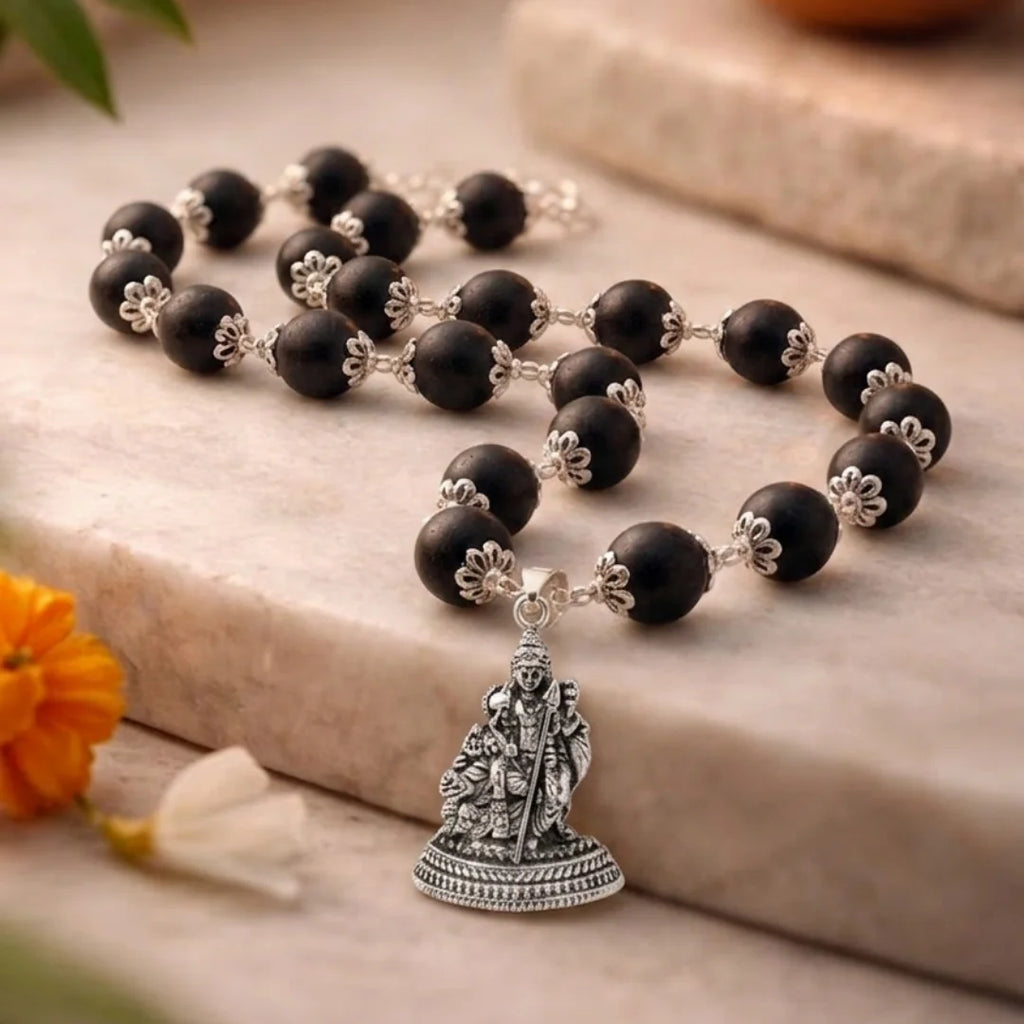 7mm Karungali Lord Murugan pendant mala by Saadhak for protection, strength, devotion, and everyday spiritual wear.