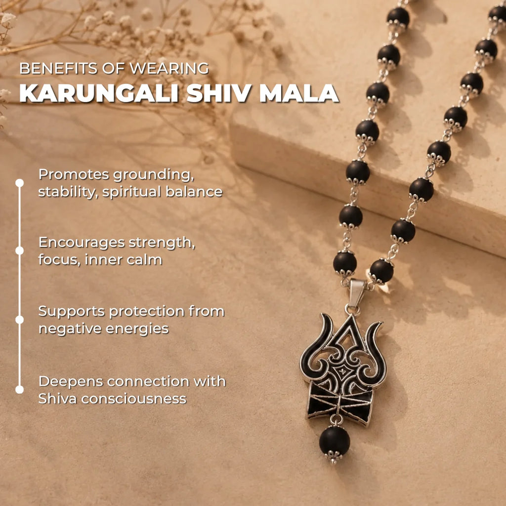 Karungali Shiv Mala necklace with black and silver beads and a black and silver Shiva pendant, displayed on a beige textured background with text detailing its spiritual benefits.