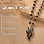 Karungali Shiv Mala necklace with black and silver beads and a black and silver Shiva pendant, displayed on a beige textured background with text detailing its spiritual benefits.