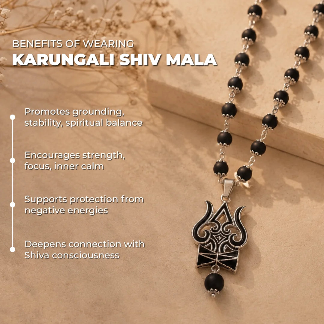 Karungali Shiv Mala necklace with black and silver beads and a black and silver Shiva pendant, displayed on a beige textured background with text detailing its spiritual benefits.