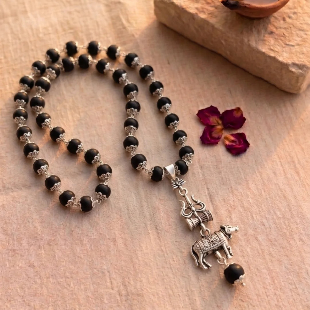 Authentic Karungali Mala with Trishul Nandi Pendant for spiritual protection and everyday wear