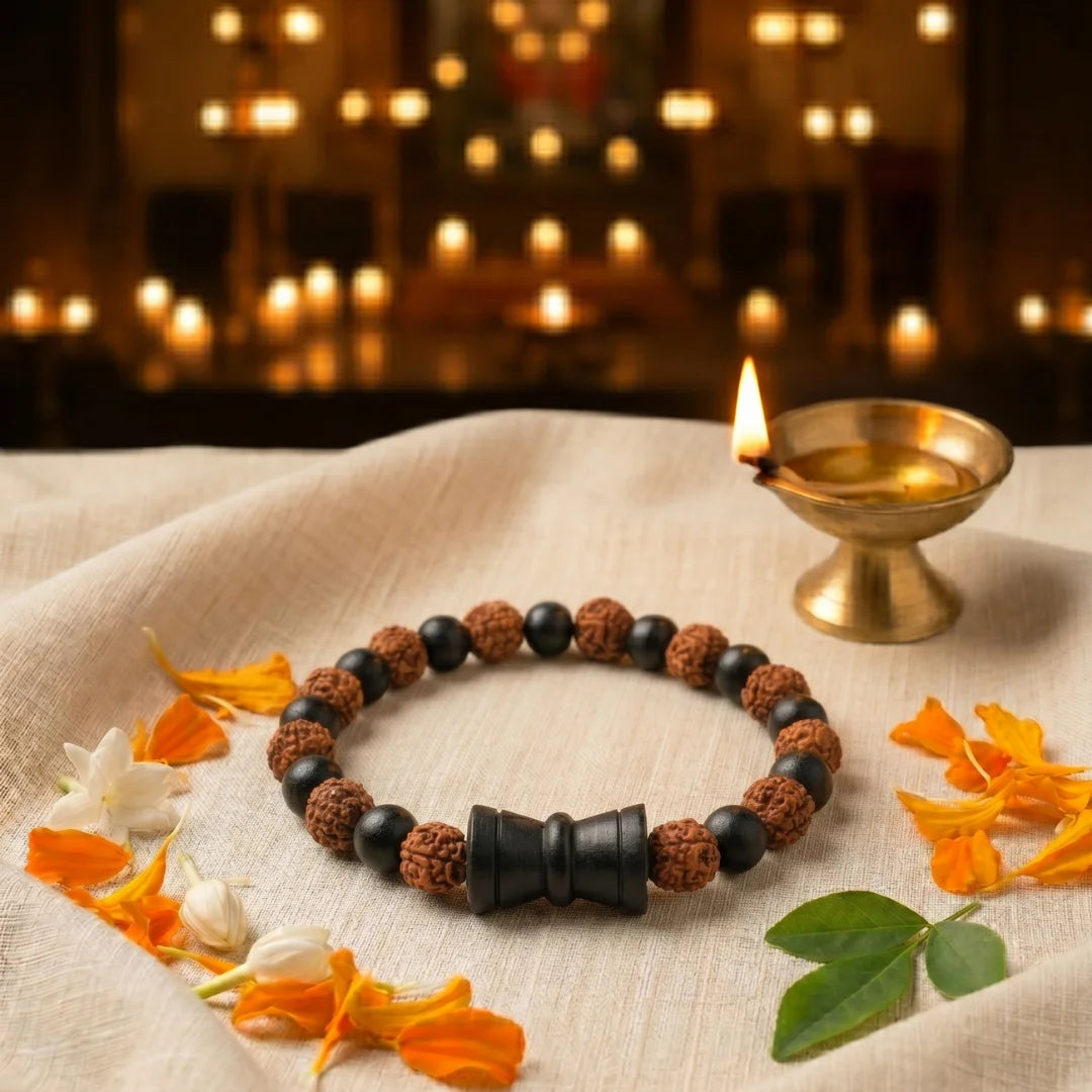 Handcrafted Karungali and Rudraksha Damru bracelet by Saadhak featuring authentic ebony wood, Rudraksha beads, and a Damru charm