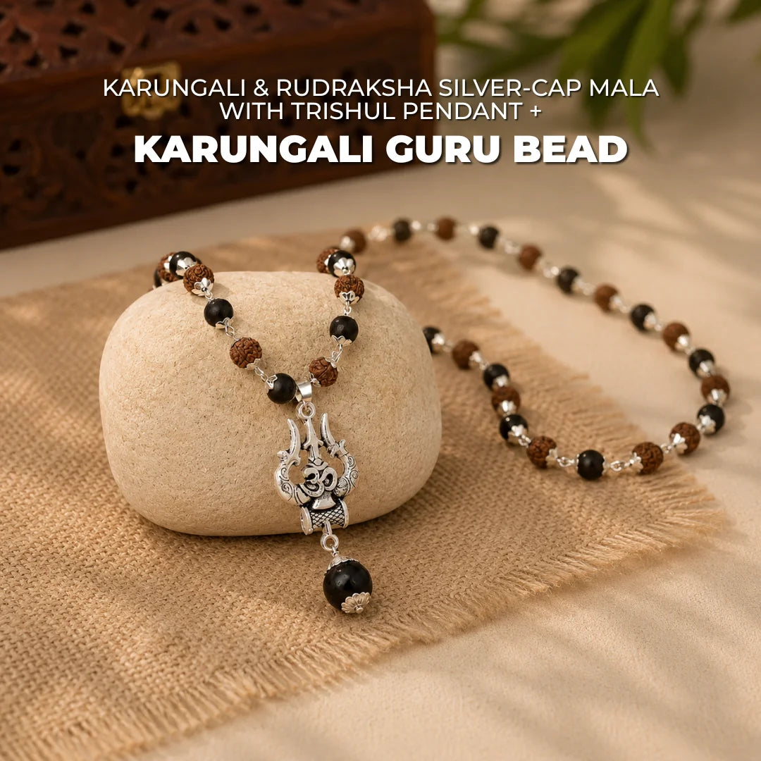 Karungali & Rudraksha silver-cap mala by Saadhak with Trishul pendant and Karungali Guru Bead for protection and balance.