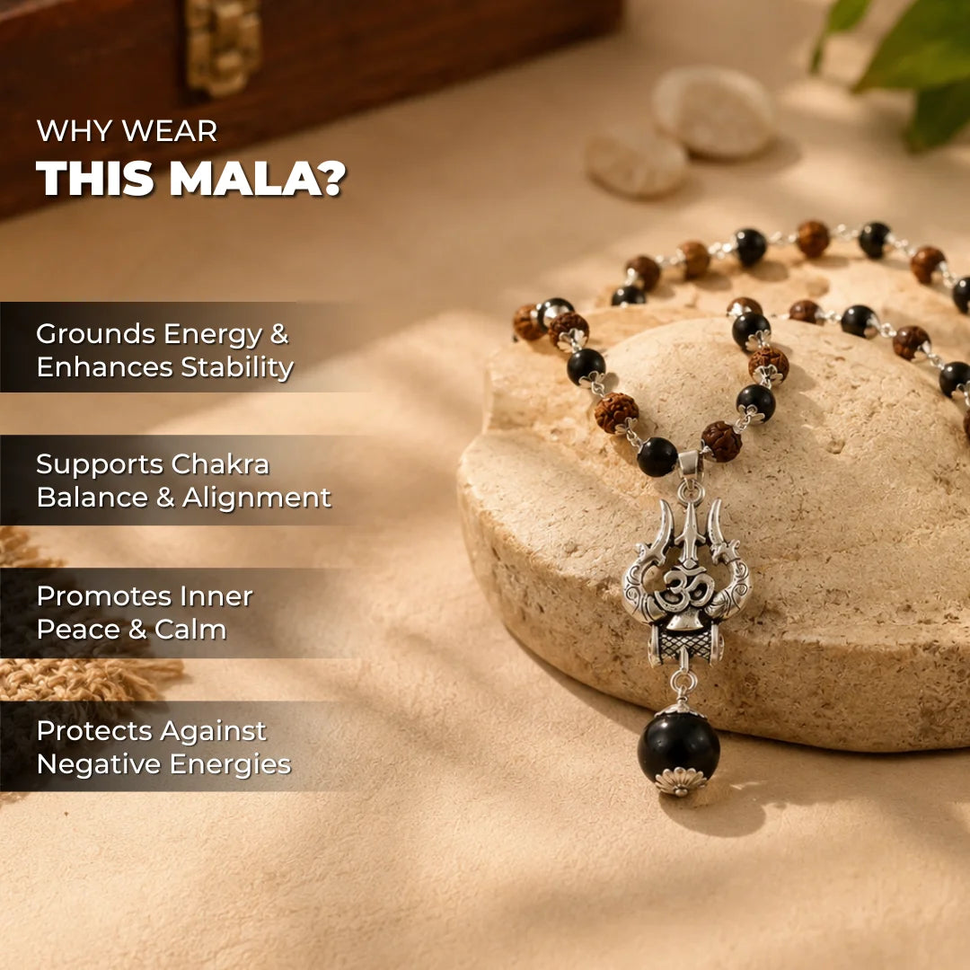 Karungali & Rudraksha silver-cap mala by Saadhak with Trishul pendant and Karungali Guru Bead for protection and balance.