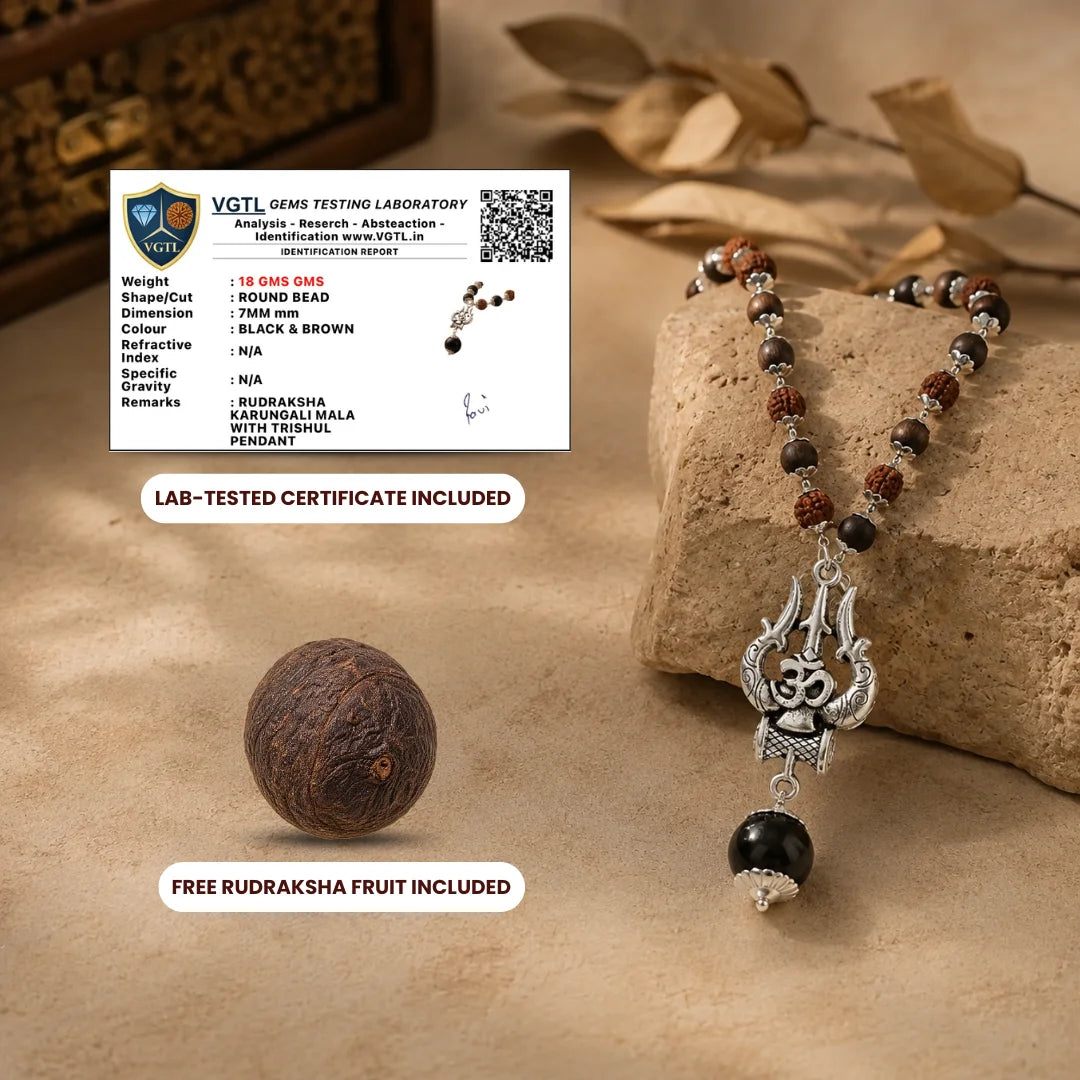 Karungali & Rudraksha silver-cap mala by Saadhak with Trishul pendant and Karungali Guru Bead for protection and balance.