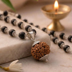 Karungali silver-capped mala by Saadhak with Rudraksha Guru Bead for protection, grounding, spiritual balance, and daily wear.