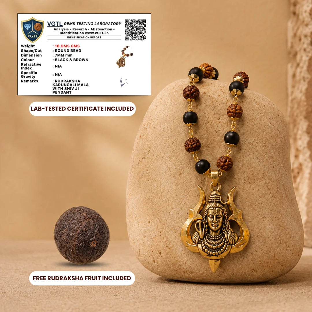 Rudraksha & Karungali golden cap mala by Saadhak with Shiv pendant for protection, devotion, grounding, and daily wear.