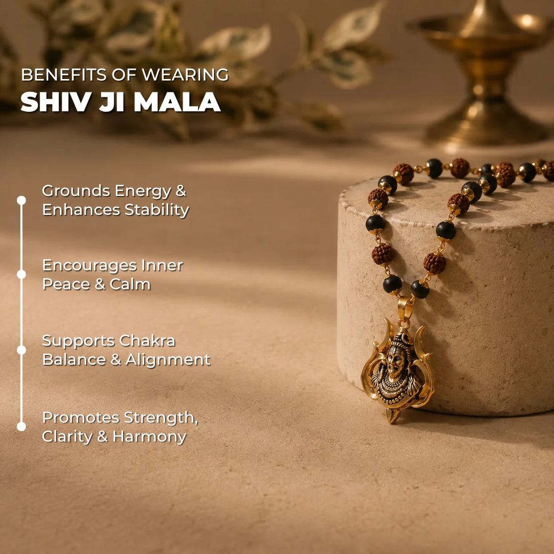 A beaded spiritual necklace with a gold-toned Shiva pendant is draped over a stone pedestal in a warm, softly lit setting. White text on the left lists the benefits of wearing a Shiva Ji mala, including grounding energy, promoting peace, supporting chakra balance, and enhancing strength and clarity.