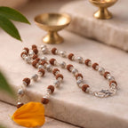 Rudraksha mala by Saadhak with silver-plated "Om Namah Shivaya" engraved beads for devotion, peace, and spiritual wear.