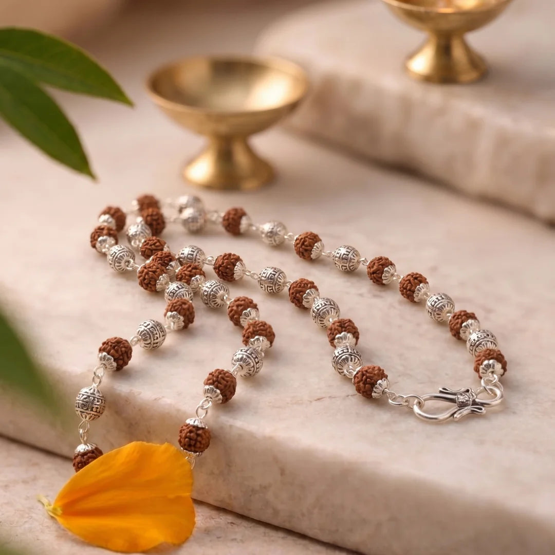 Rudraksha mala by Saadhak with silver-plated "Om Namah Shivaya" engraved beads for devotion, peace, and spiritual wear.