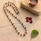Rudraksha mala by Saadhak with silver-plated "Om Namah Shivaya" engraved beads for devotion, peace, and spiritual wear.