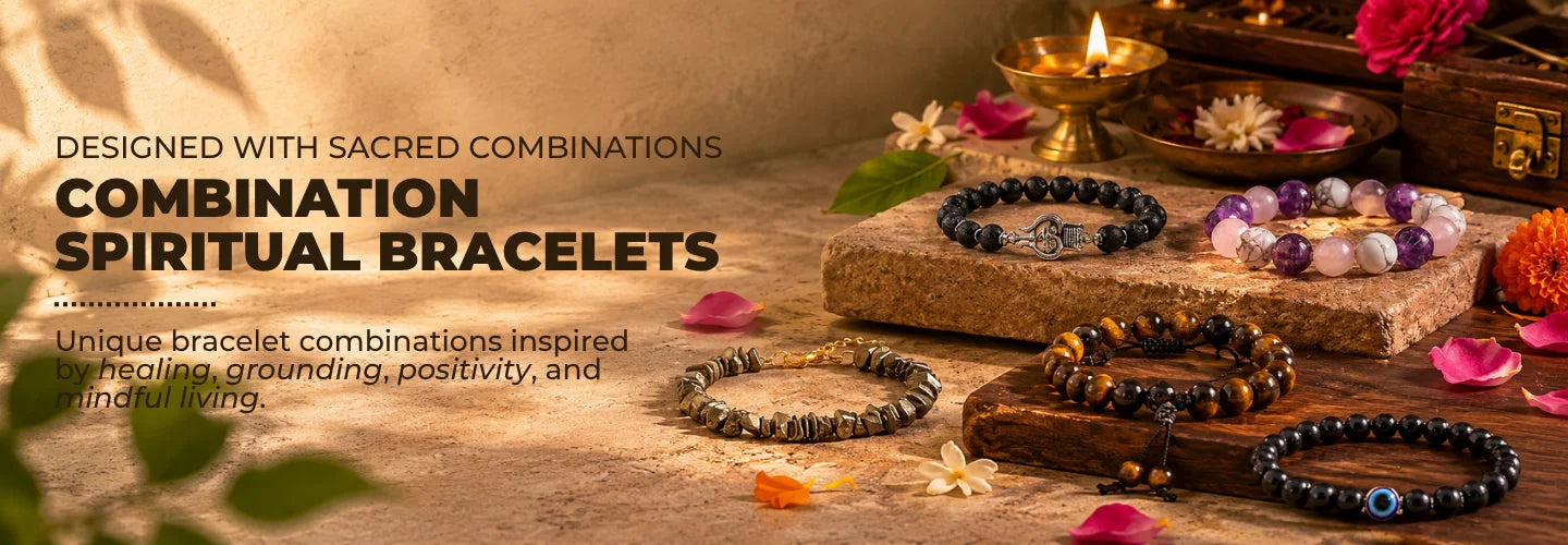 Shop combination and spiritual bracelets by Saadhak featuring handcrafted bracelets made with Rudraksha, Karungali, crystals, and sacred spiritual elements.